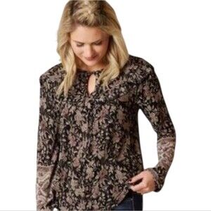 Lucky Brand Black and Tan Floral cottage core Blouse Size Med